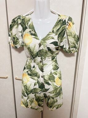 Lemon Leaf Puff-Sleeve Mini Dress - Green & Yellow